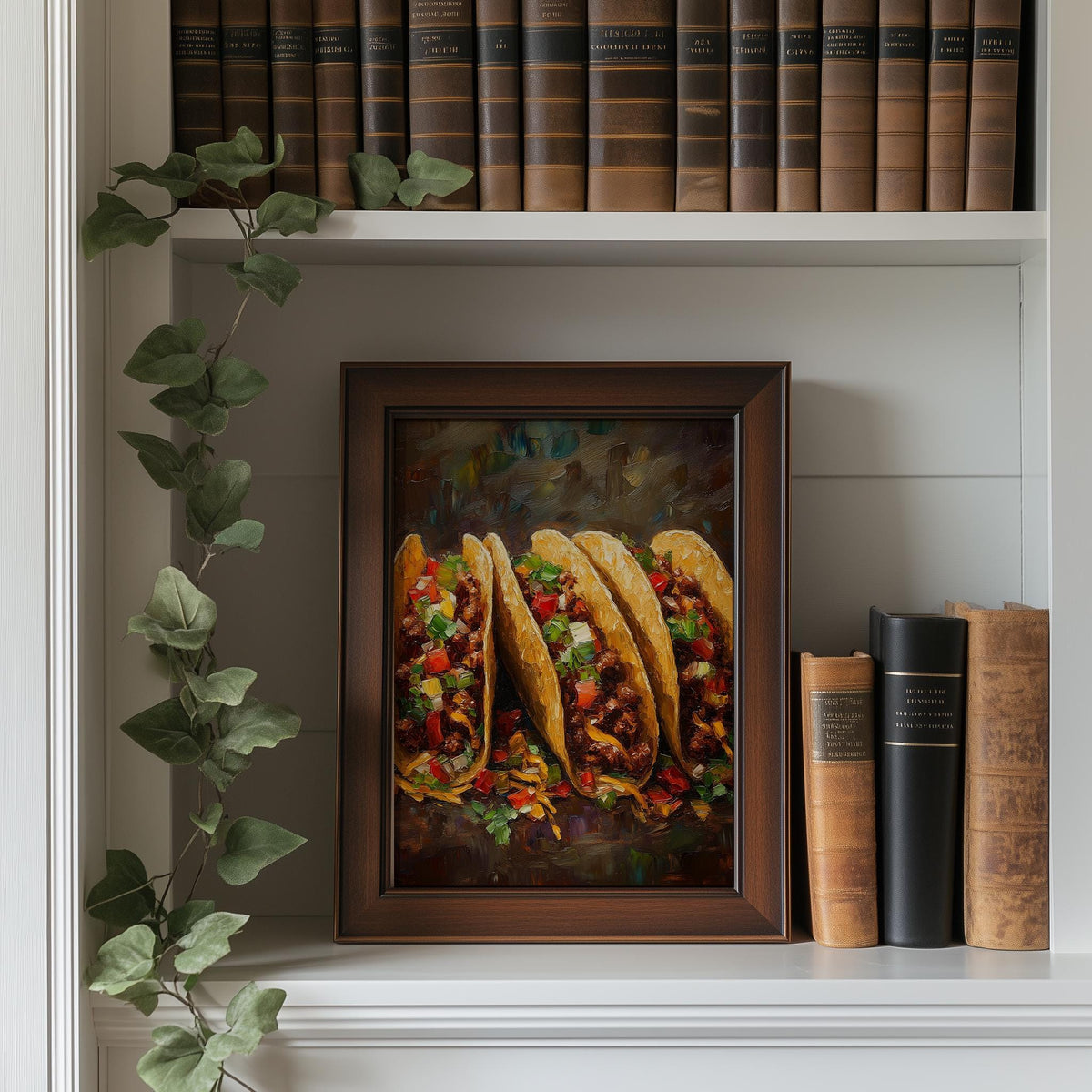 Rustic Tacos kitchen art print shown in a room setting