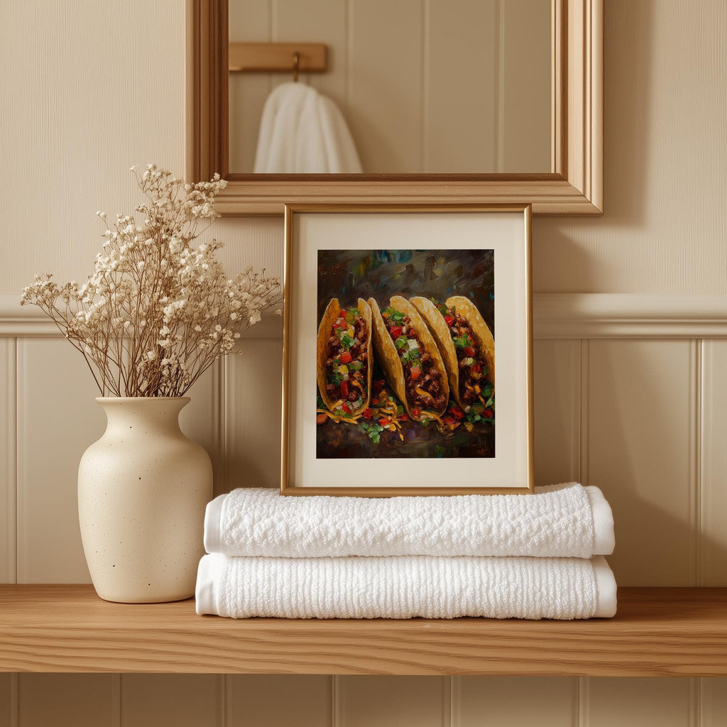 Rustic Tacos kitchen art print shown in a room setting