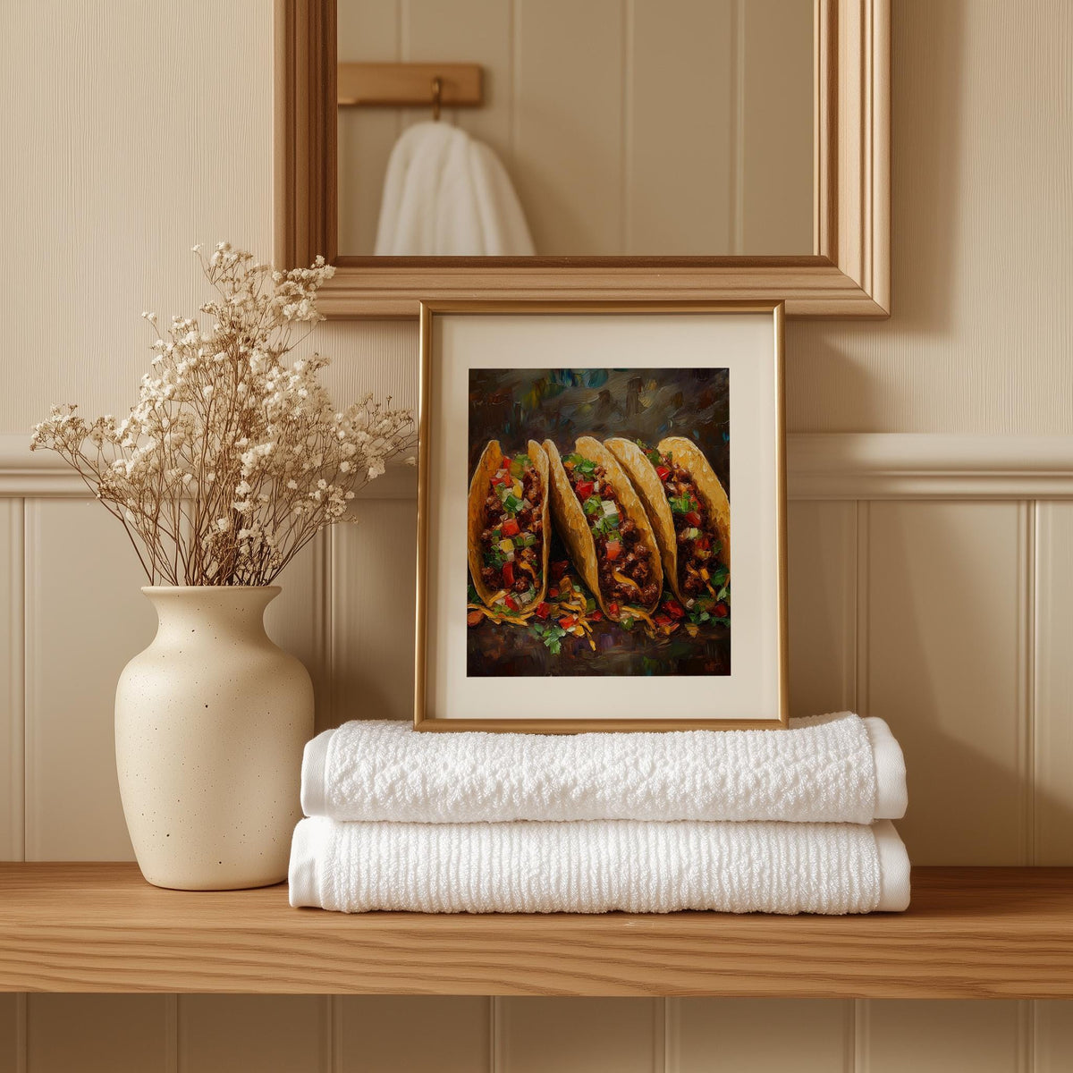 Rustic Tacos kitchen art print shown in a room setting