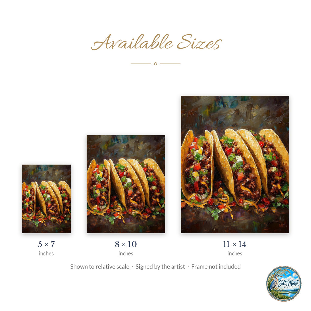 Rustic Tacos art print size guide: 5x7, 8x10 and 11x14