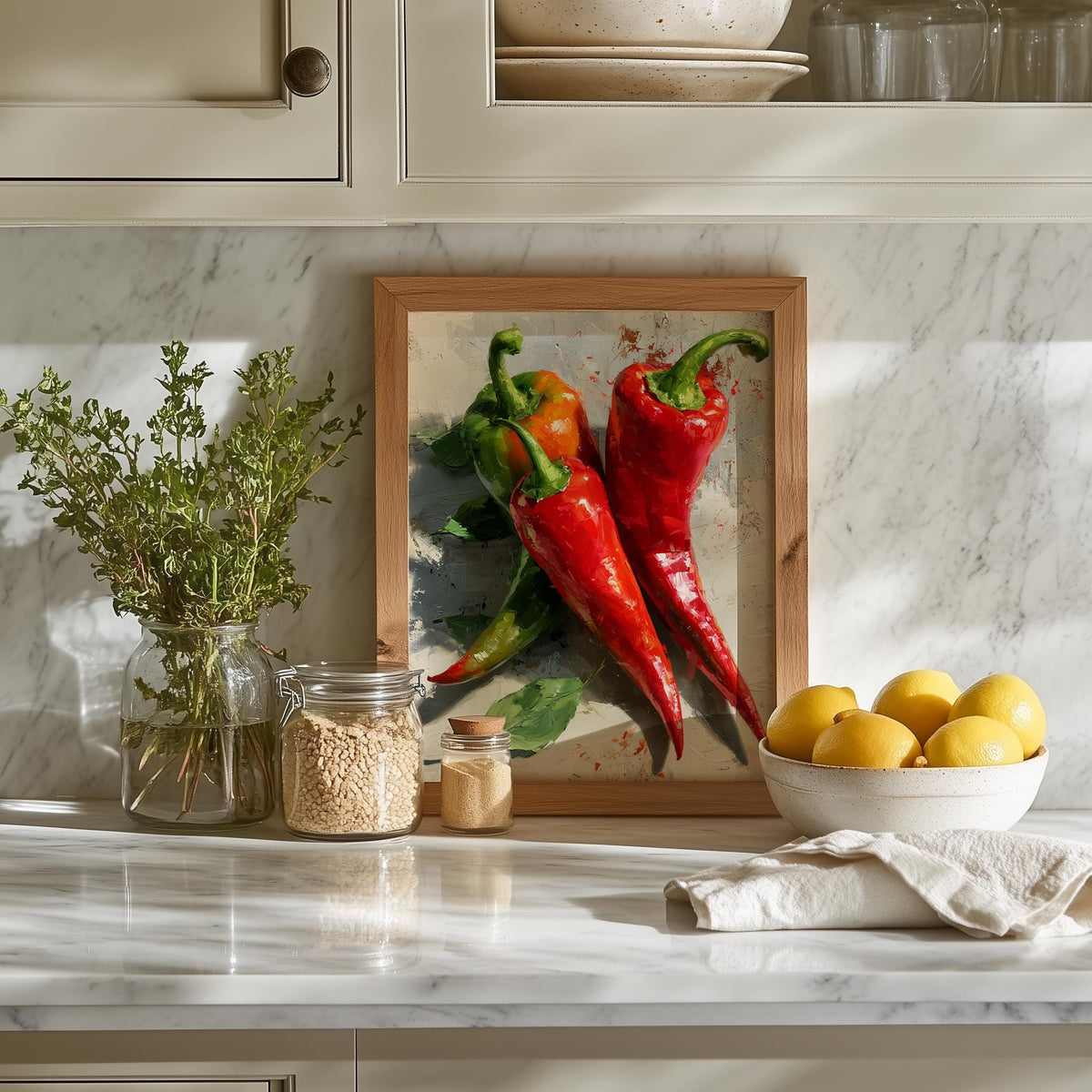 Red Chili Peppers kitchen art print shown in a room setting