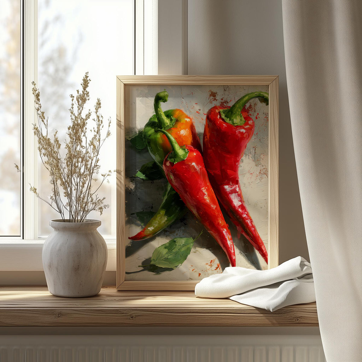 Red Chili Peppers kitchen art print shown in a room setting