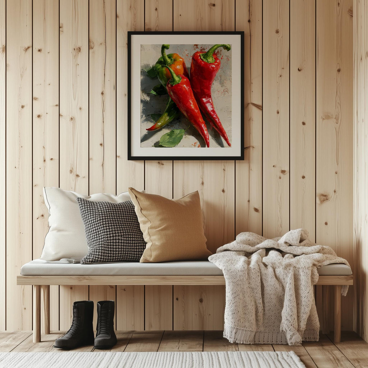 Red Chili Peppers kitchen art print shown in a room setting