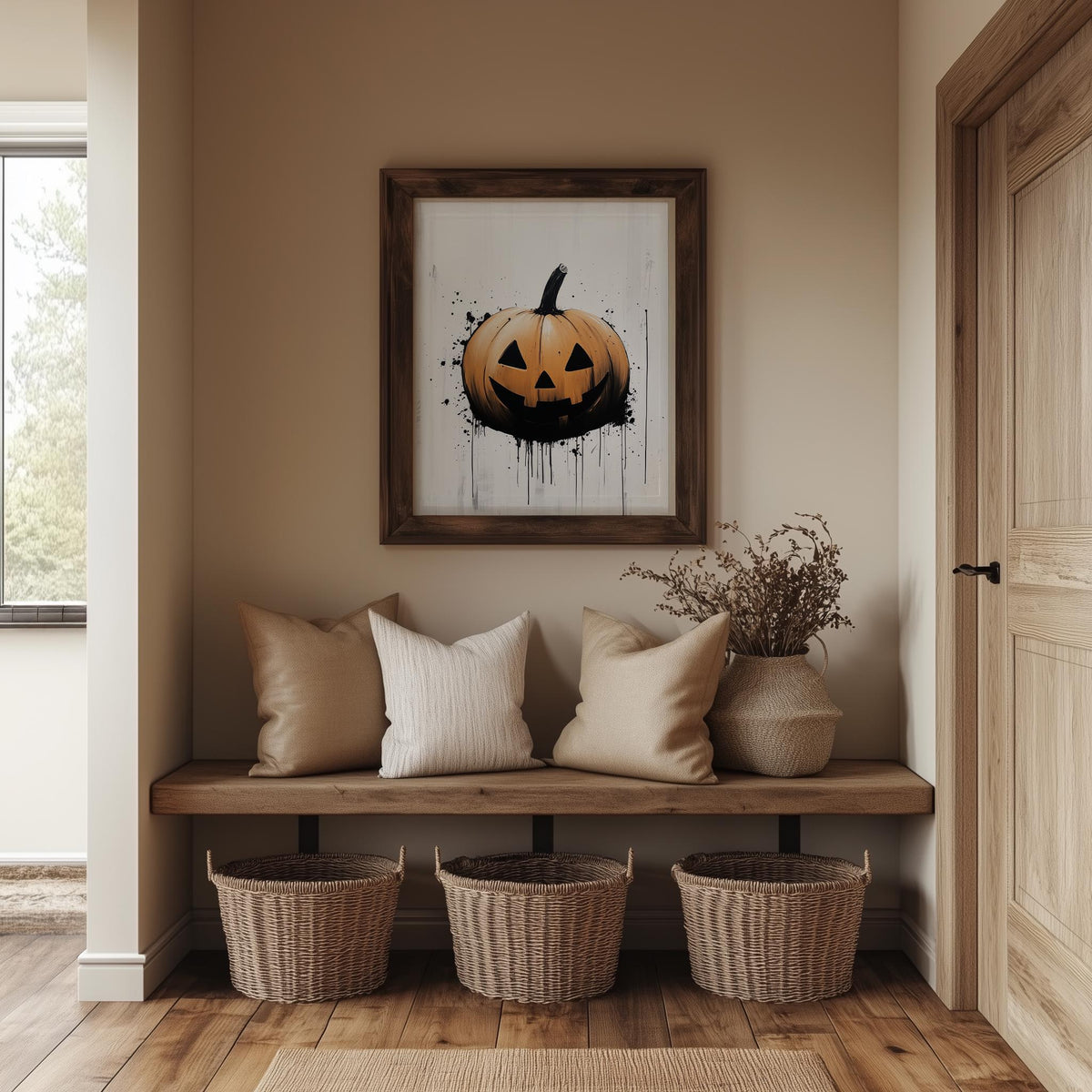 Minimal Pumpkin Halloween art print shown in a room setting