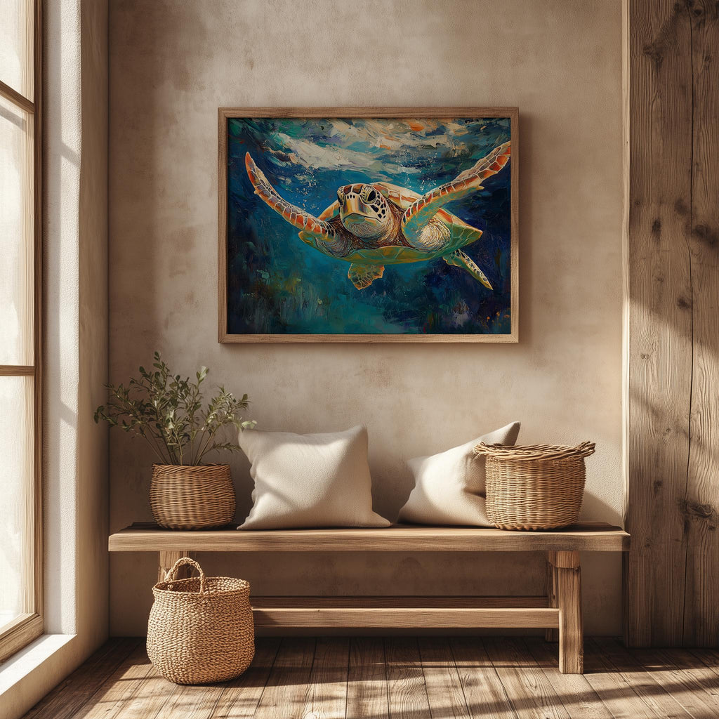 Graceful Sea Turtle animal art print shown in a room setting