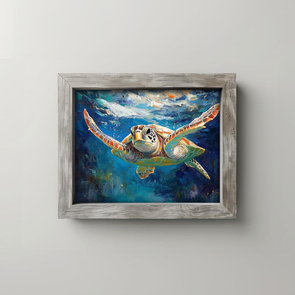 Graceful Sea Turtle animal art print shown in a room setting