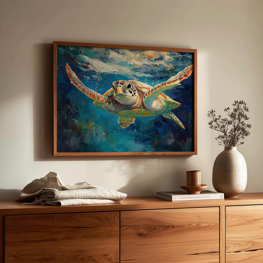 Graceful Sea Turtle animal art print shown in a room setting