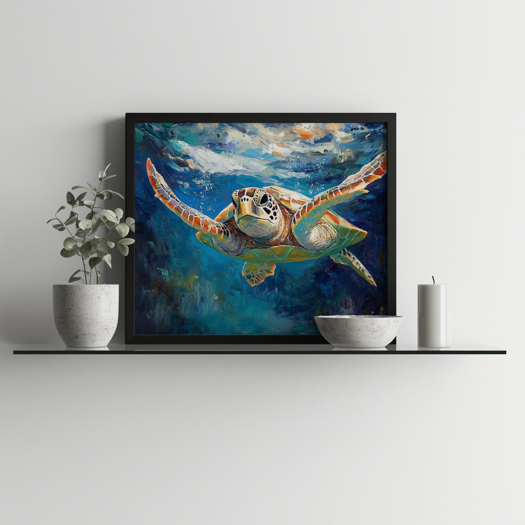 Graceful Sea Turtle animal art print shown in a room setting