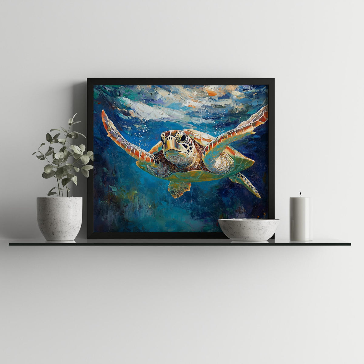 Graceful Sea Turtle animal art print shown in a room setting