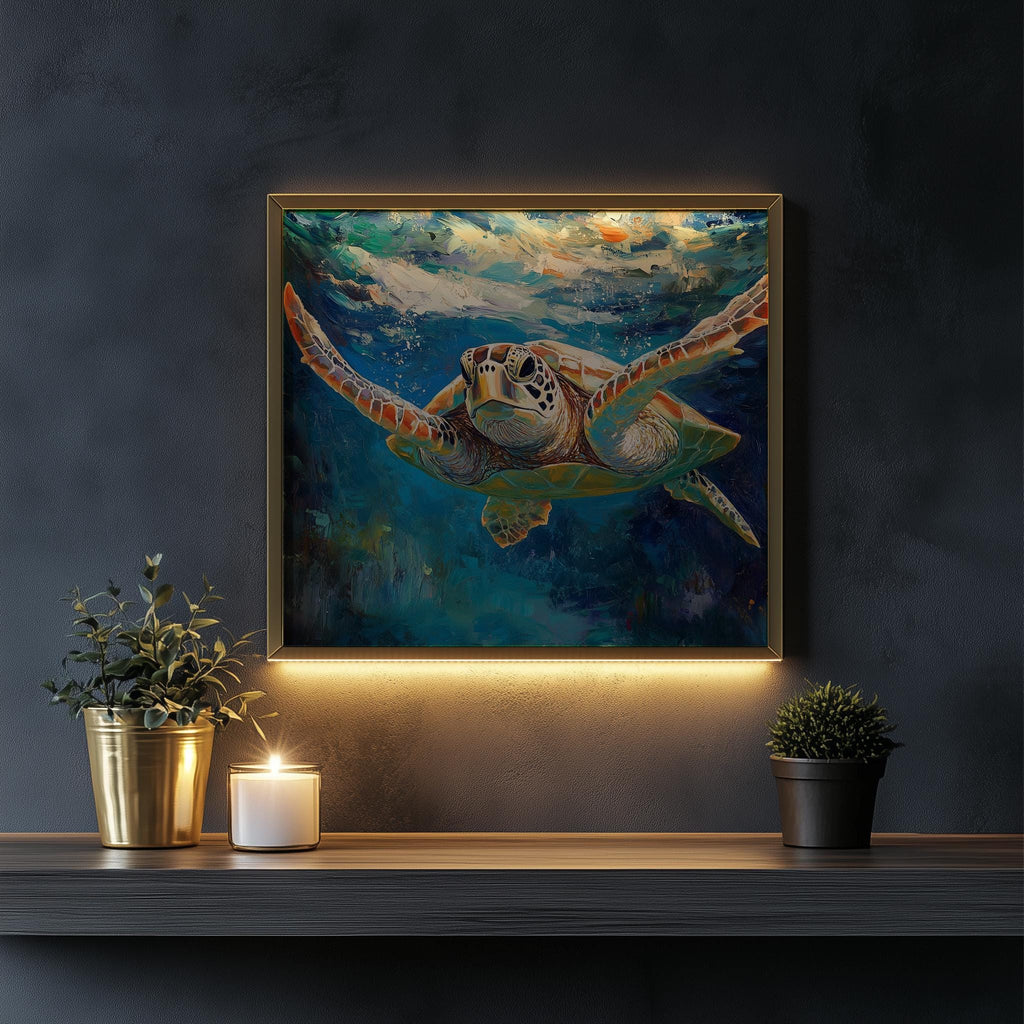 Graceful Sea Turtle animal art print shown in a room setting