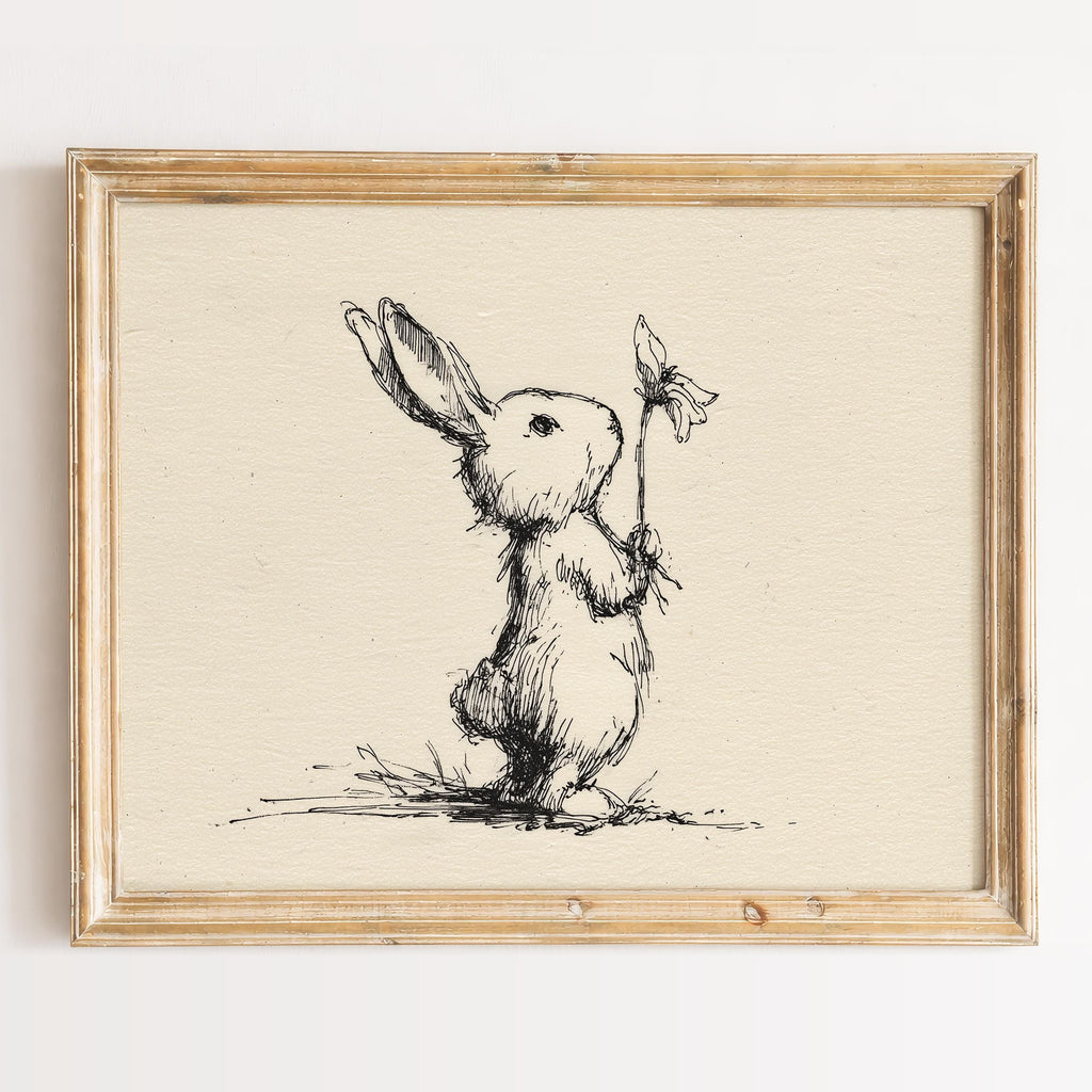 Rabbit with Flower animal art print framed