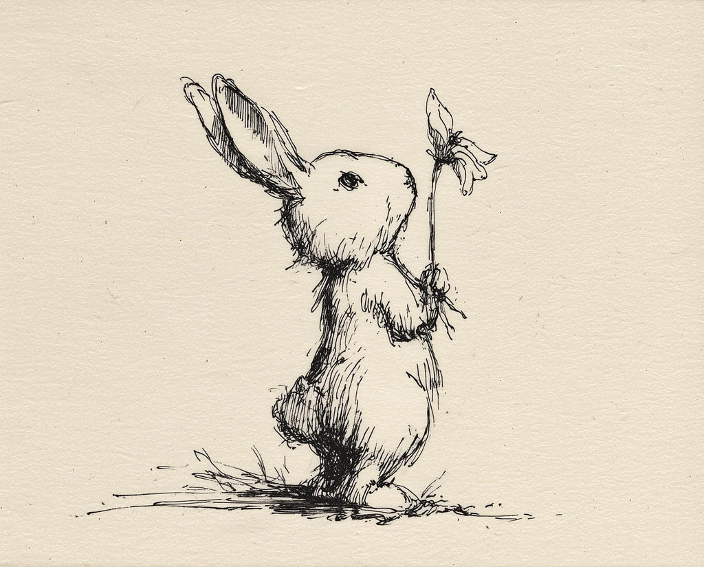 Rabbit with Flower animal art print unframed, signed by Pattie Overcash