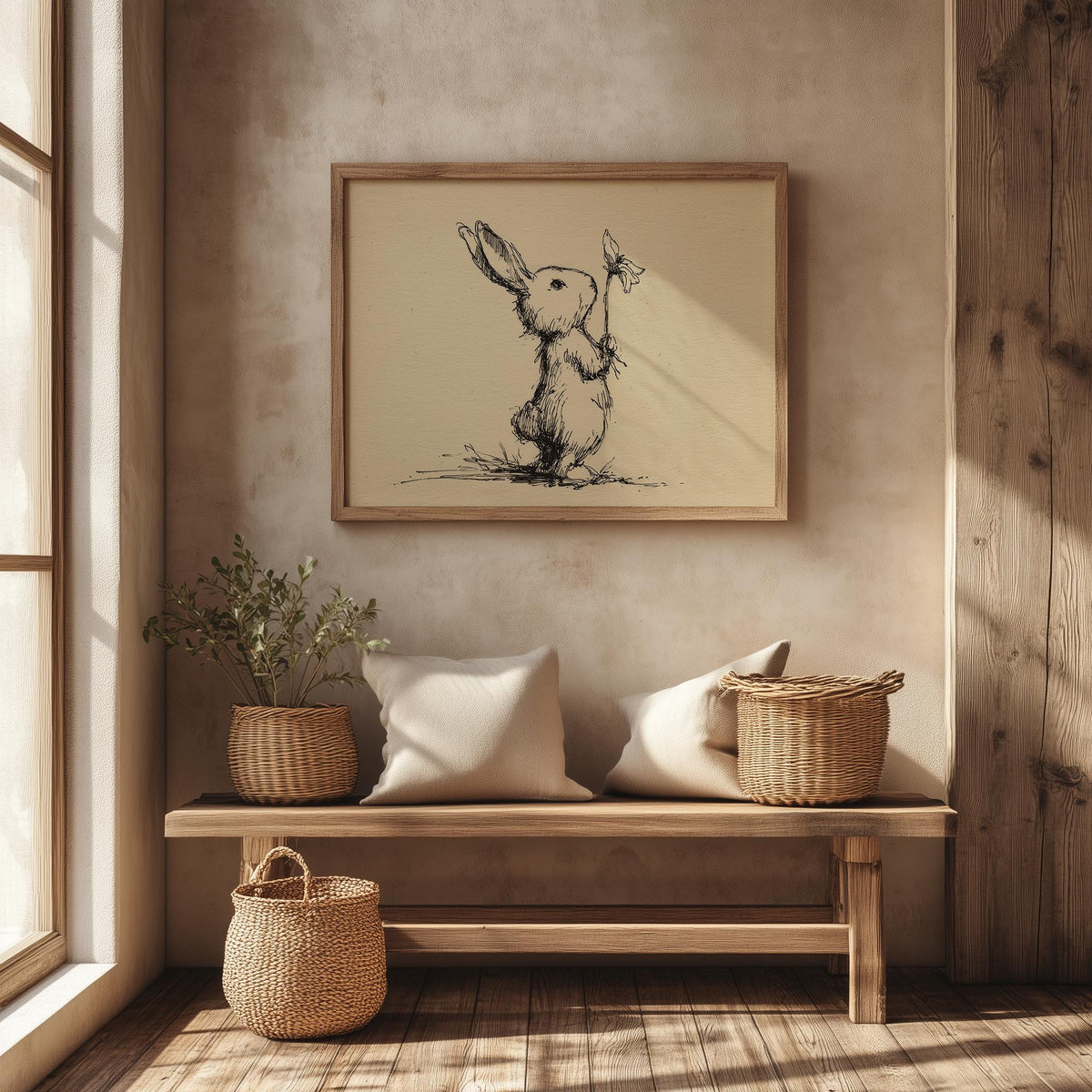 Rabbit with Flower animal art print shown in a room setting