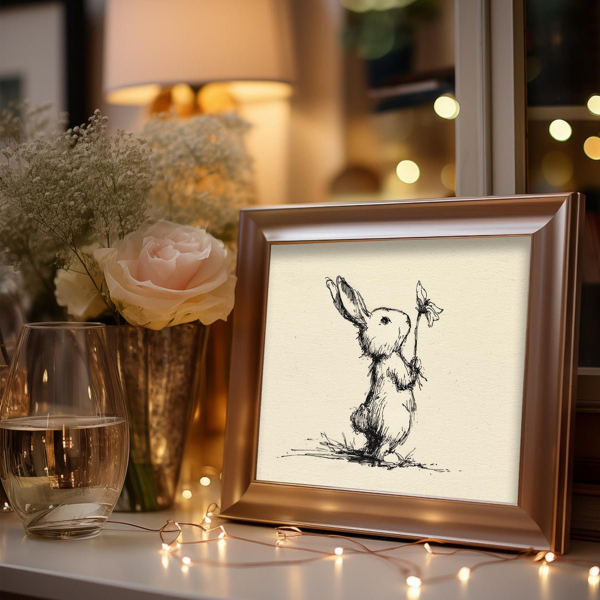 Rabbit with Flower animal art print shown in a room setting