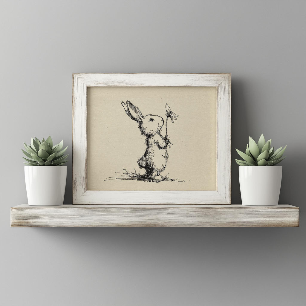 Rabbit with Flower animal art print shown in a room setting