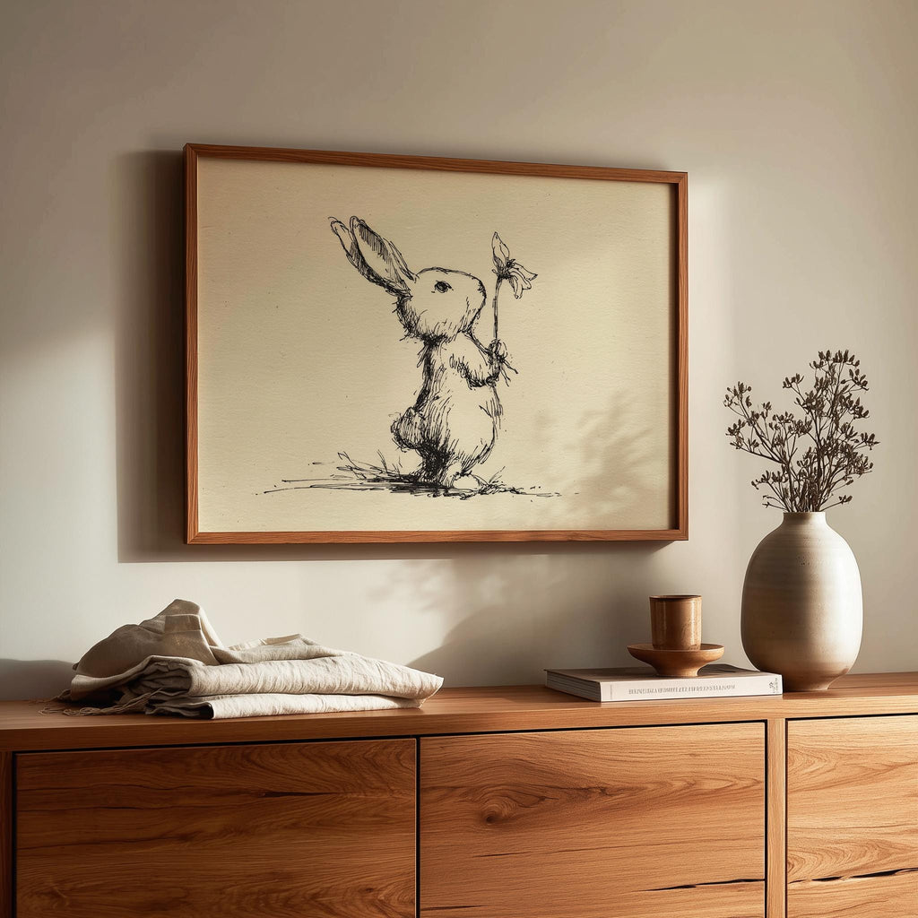Rabbit with Flower animal art print shown in a room setting