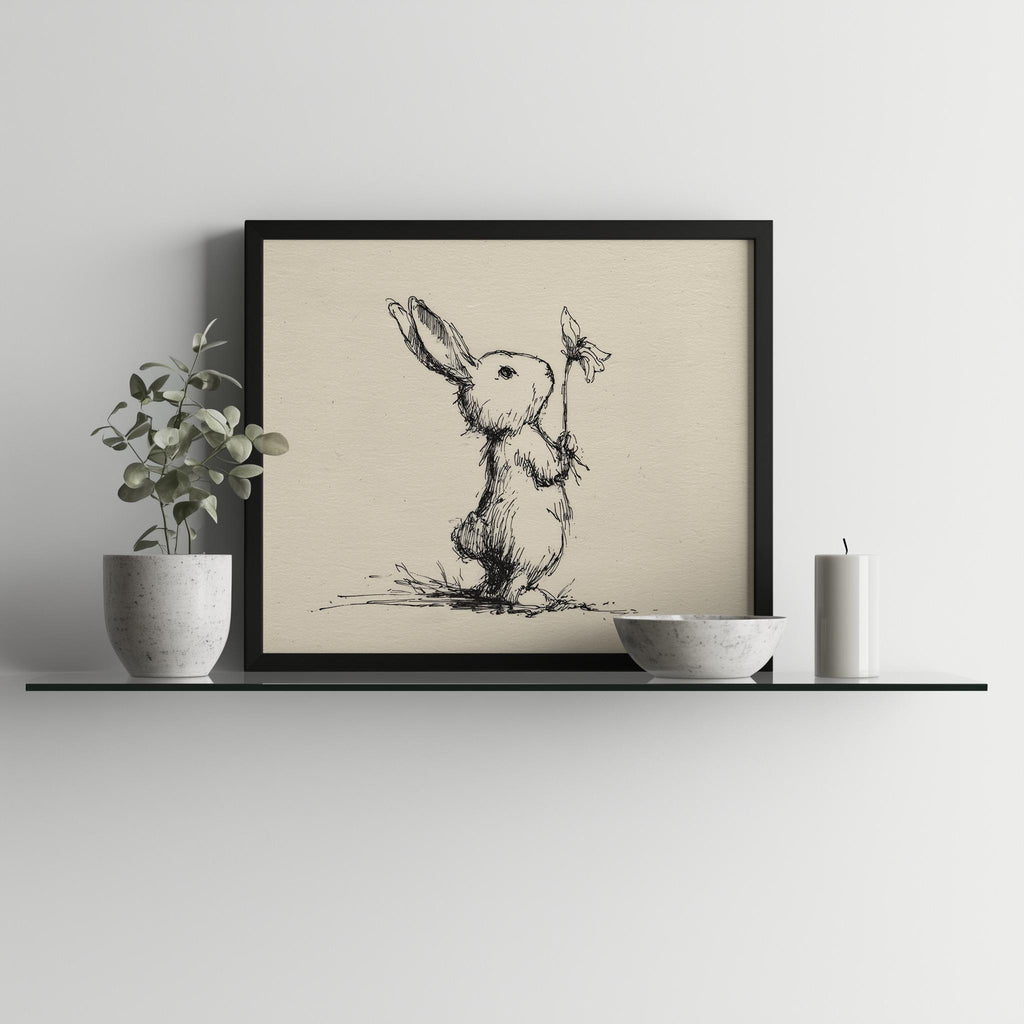 Rabbit with Flower animal art print shown in a room setting