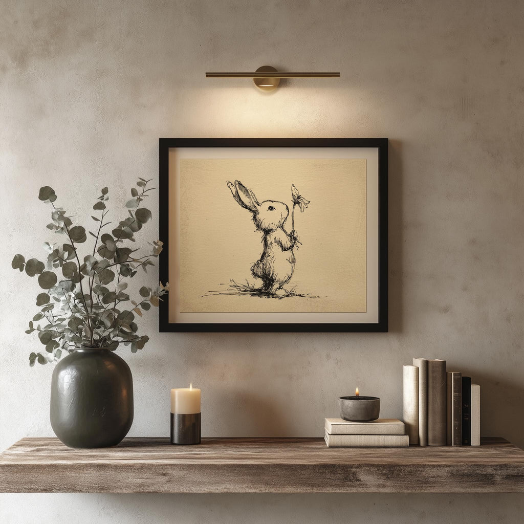 Rabbit with Flower animal art print shown in a room setting