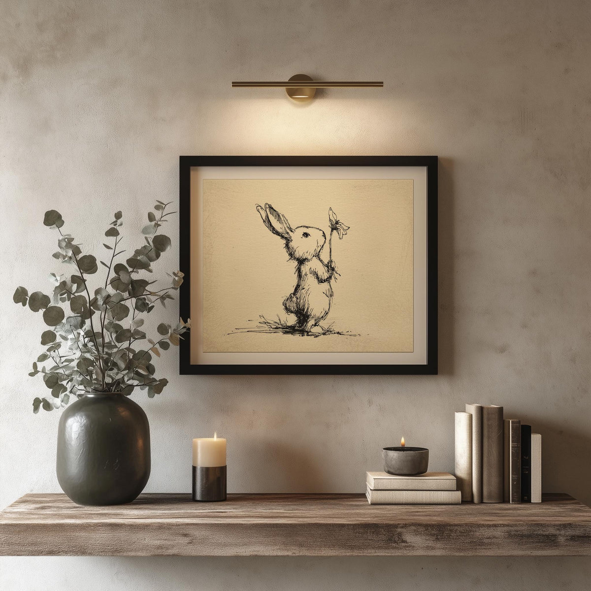 Rabbit with Flower animal art print shown in a room setting