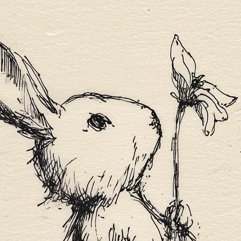 Rabbit with Flower animal art print close-up detail