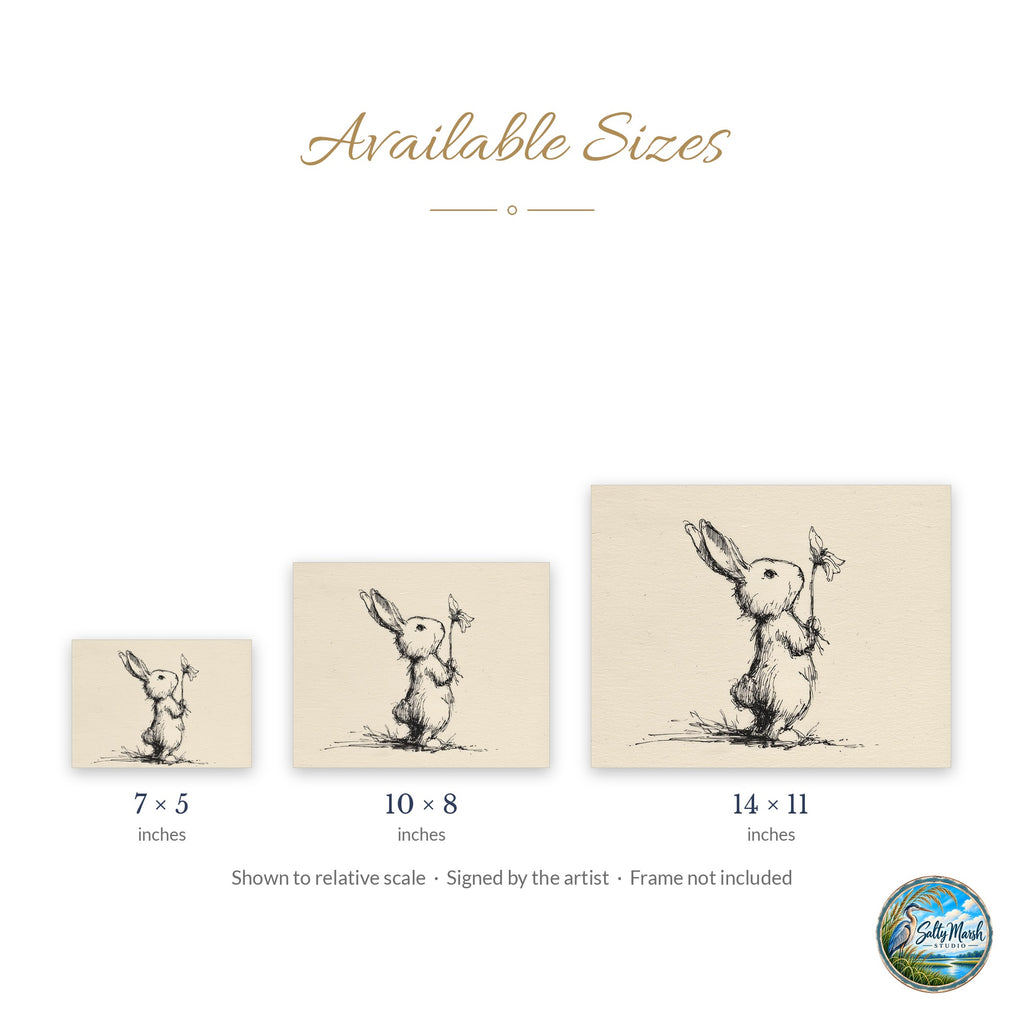 Rabbit with Flower art print size guide: 5x7, 8x10 and 11x14