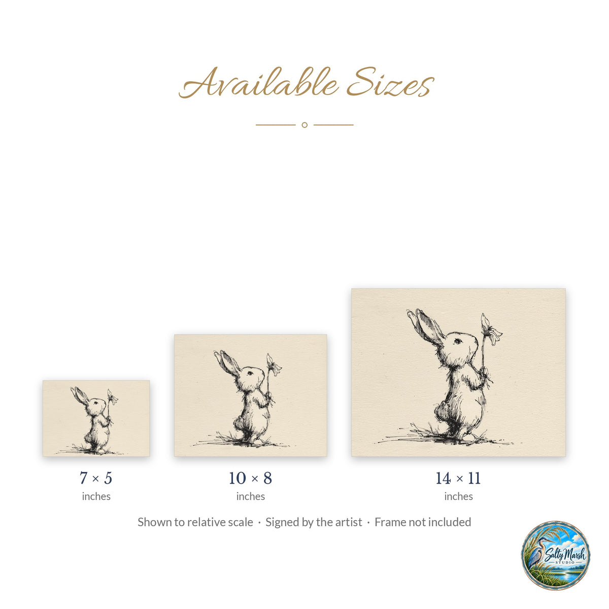 Rabbit with Flower art print size guide: 5x7, 8x10 and 11x14