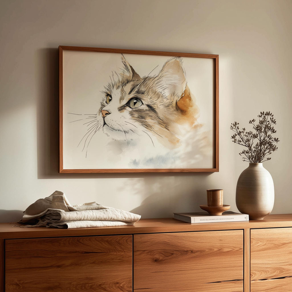 Maine Coon Sketch animal art print shown in a room setting