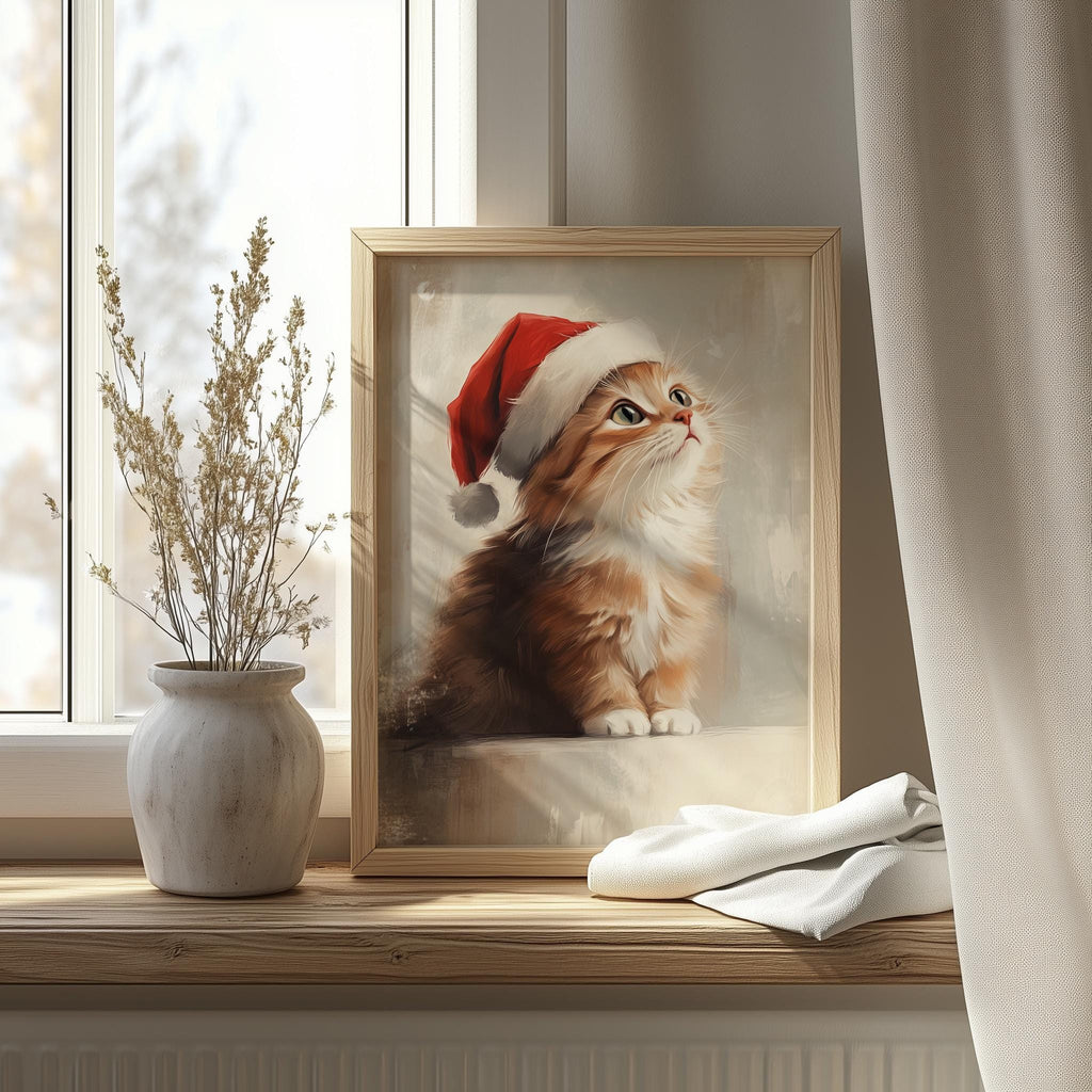Orange Kitten Christmas art print shown in a room setting