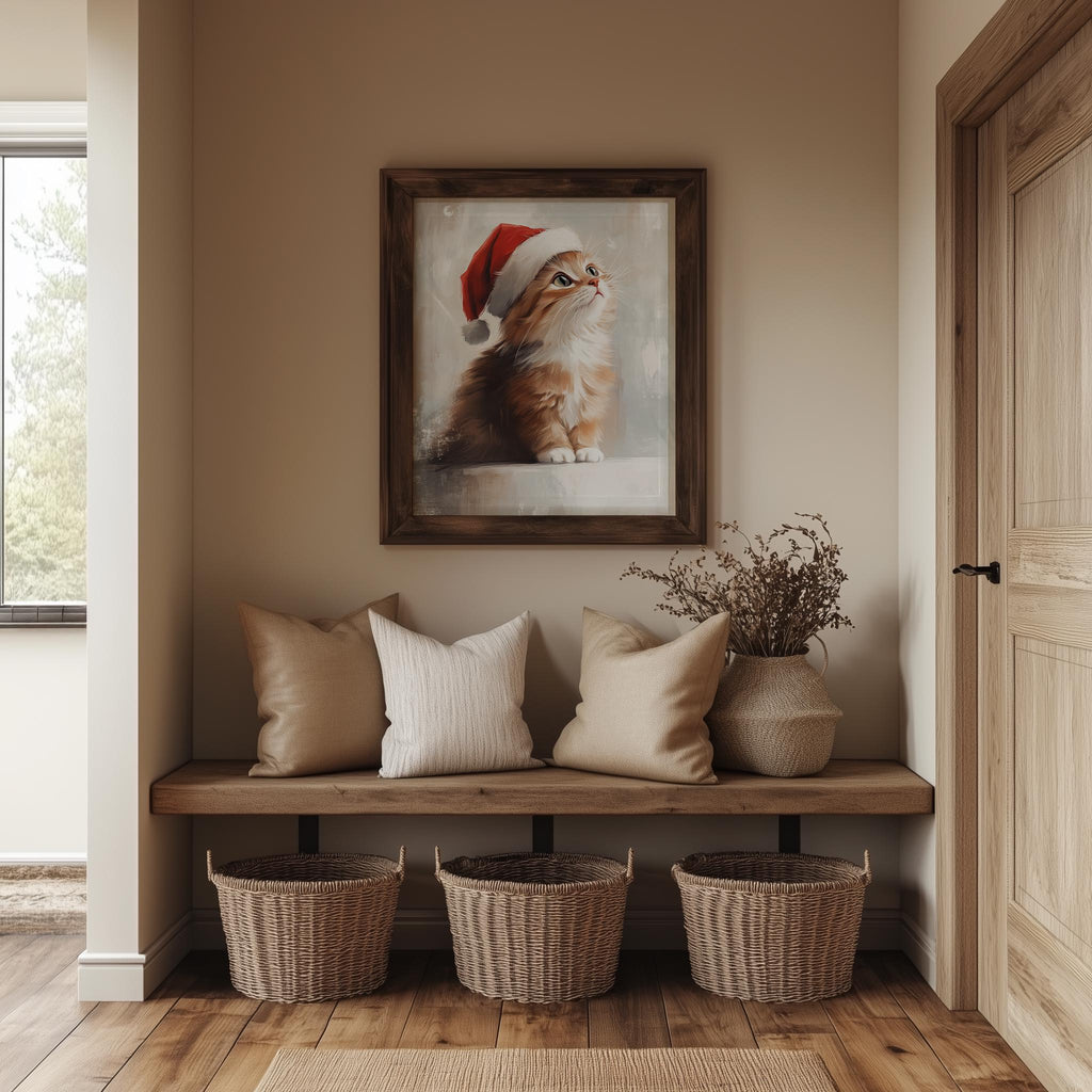Orange Kitten Christmas art print shown in a room setting