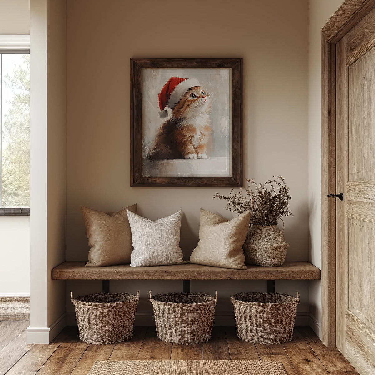Orange Kitten Christmas art print shown in a room setting