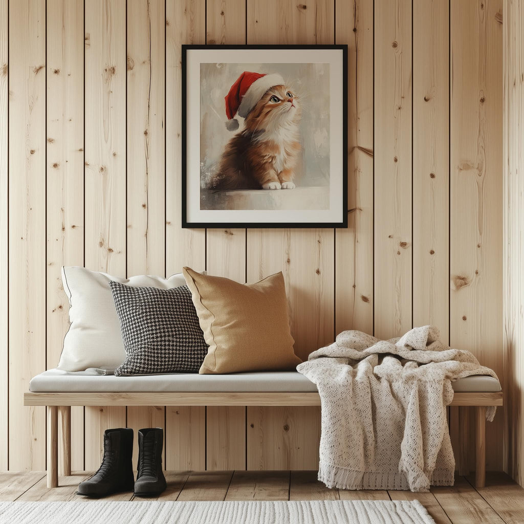Orange Kitten Christmas art print shown in a room setting