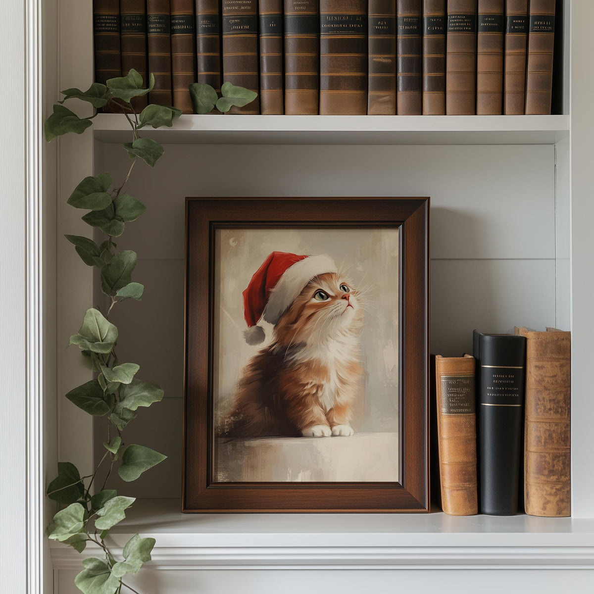 Orange Kitten Christmas art print shown in a room setting