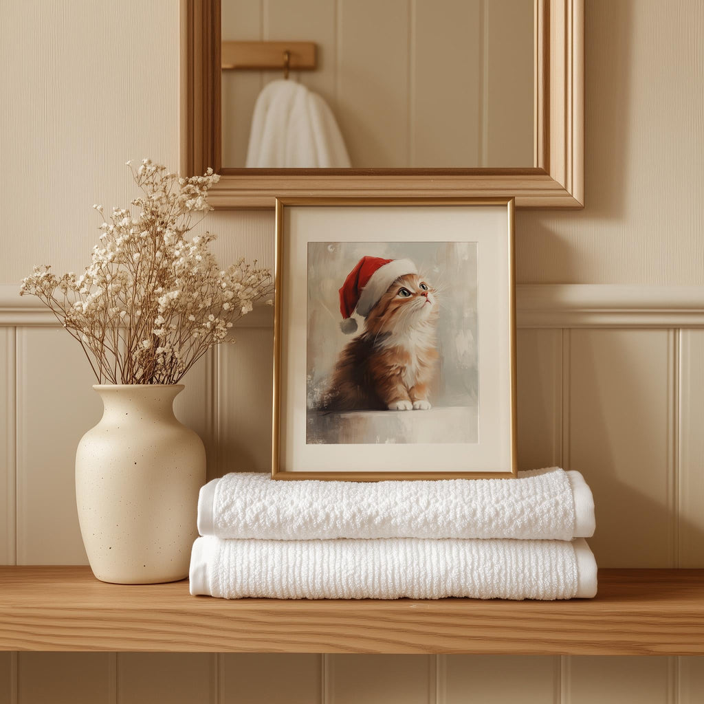 Orange Kitten Christmas art print shown in a room setting