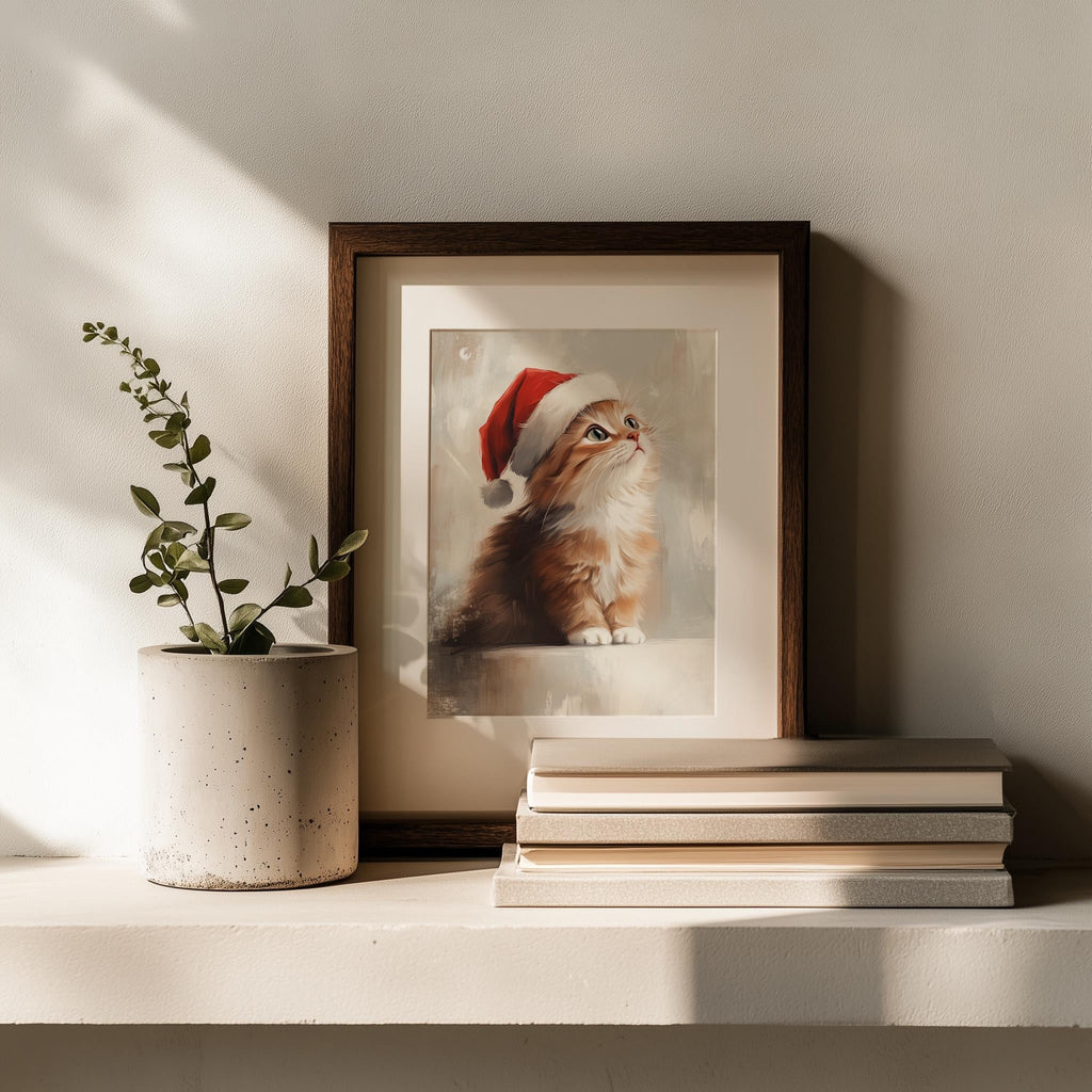Orange Kitten Christmas art print shown in a room setting