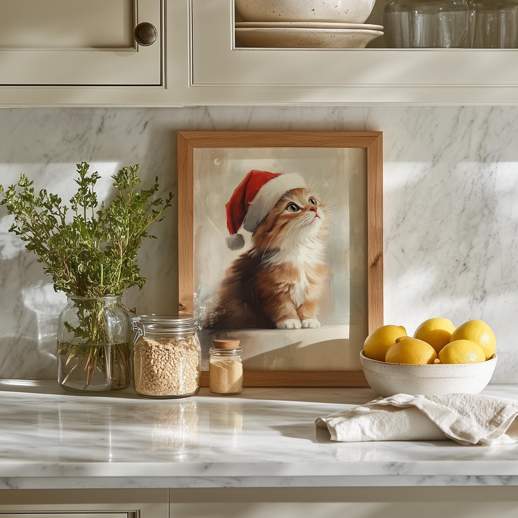 Orange Kitten Christmas art print shown in a room setting