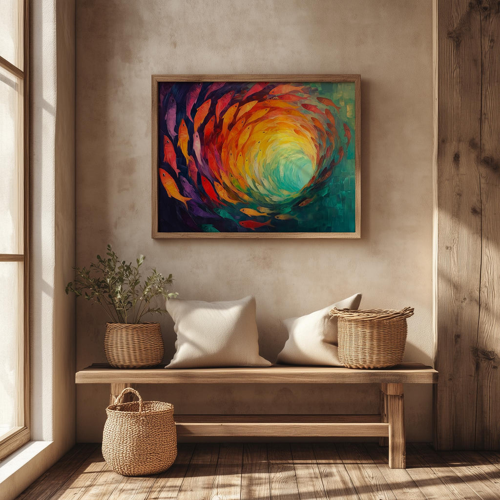Fish Spiral animal art print shown in a room setting