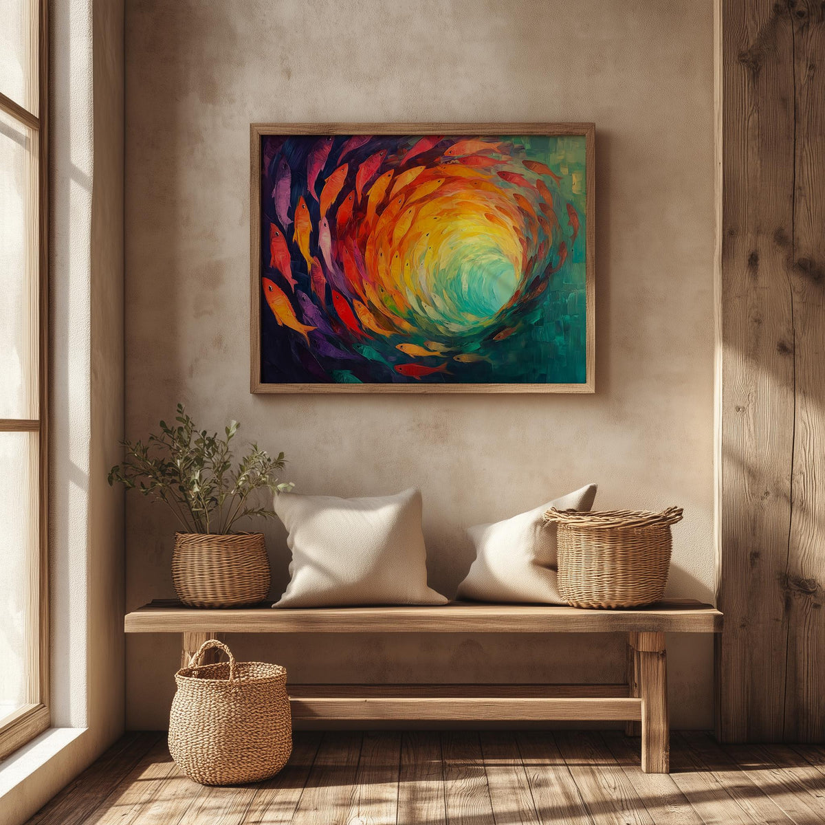 Fish Spiral animal art print shown in a room setting