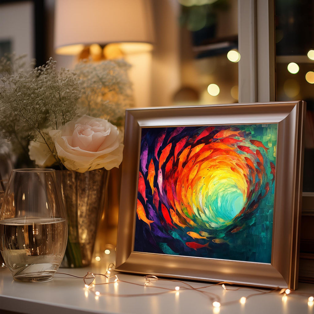 Fish Spiral animal art print shown in a room setting