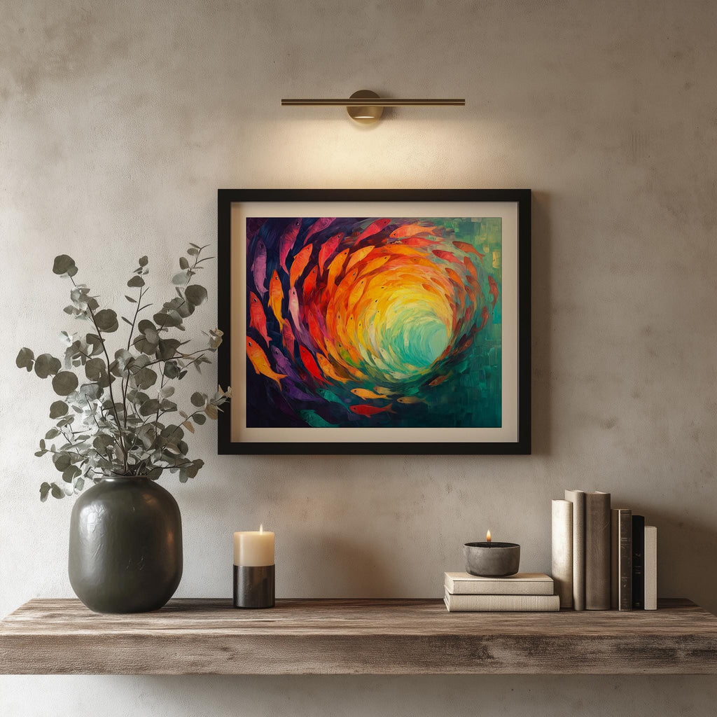 Fish Spiral animal art print shown in a room setting