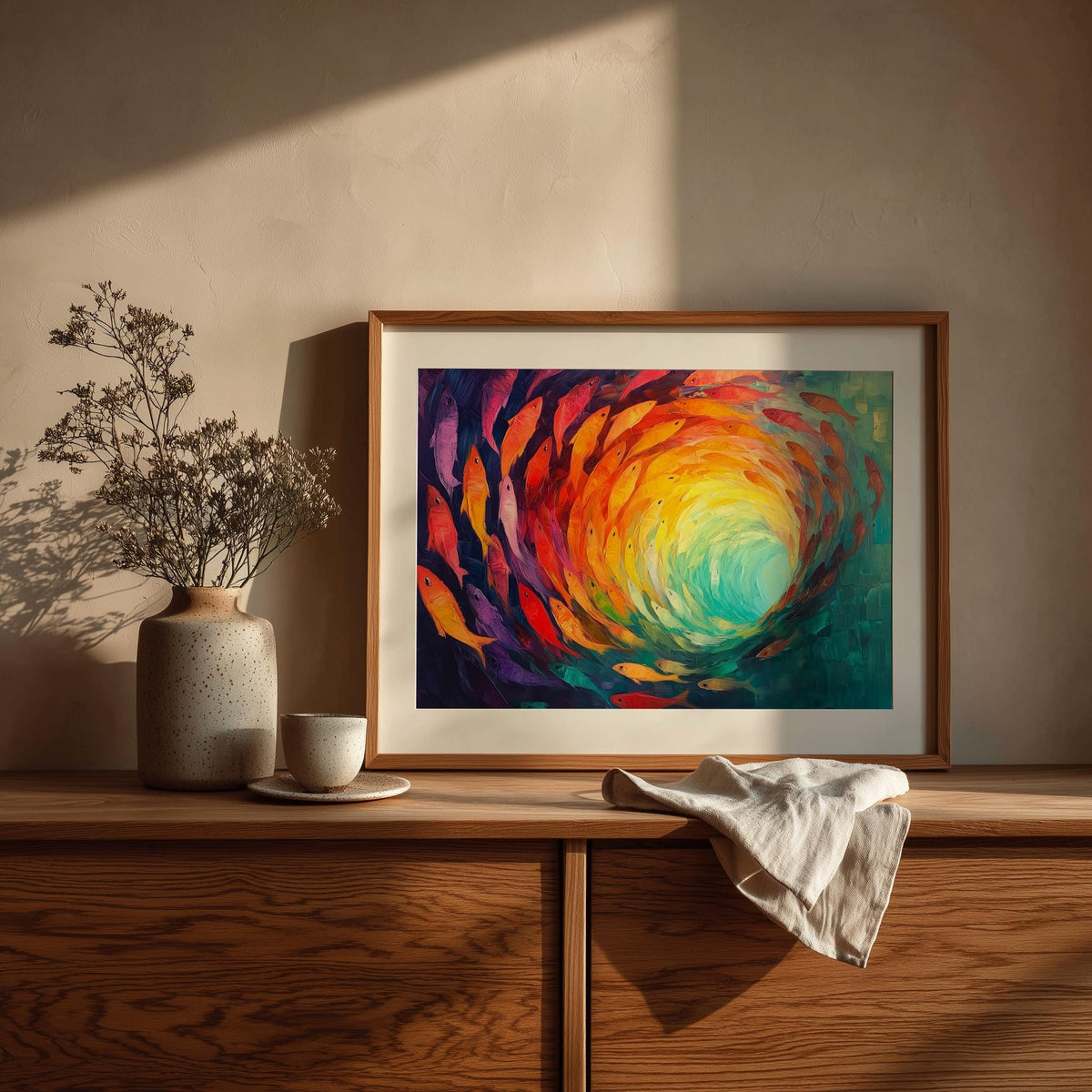 Fish Spiral animal art print shown in a room setting
