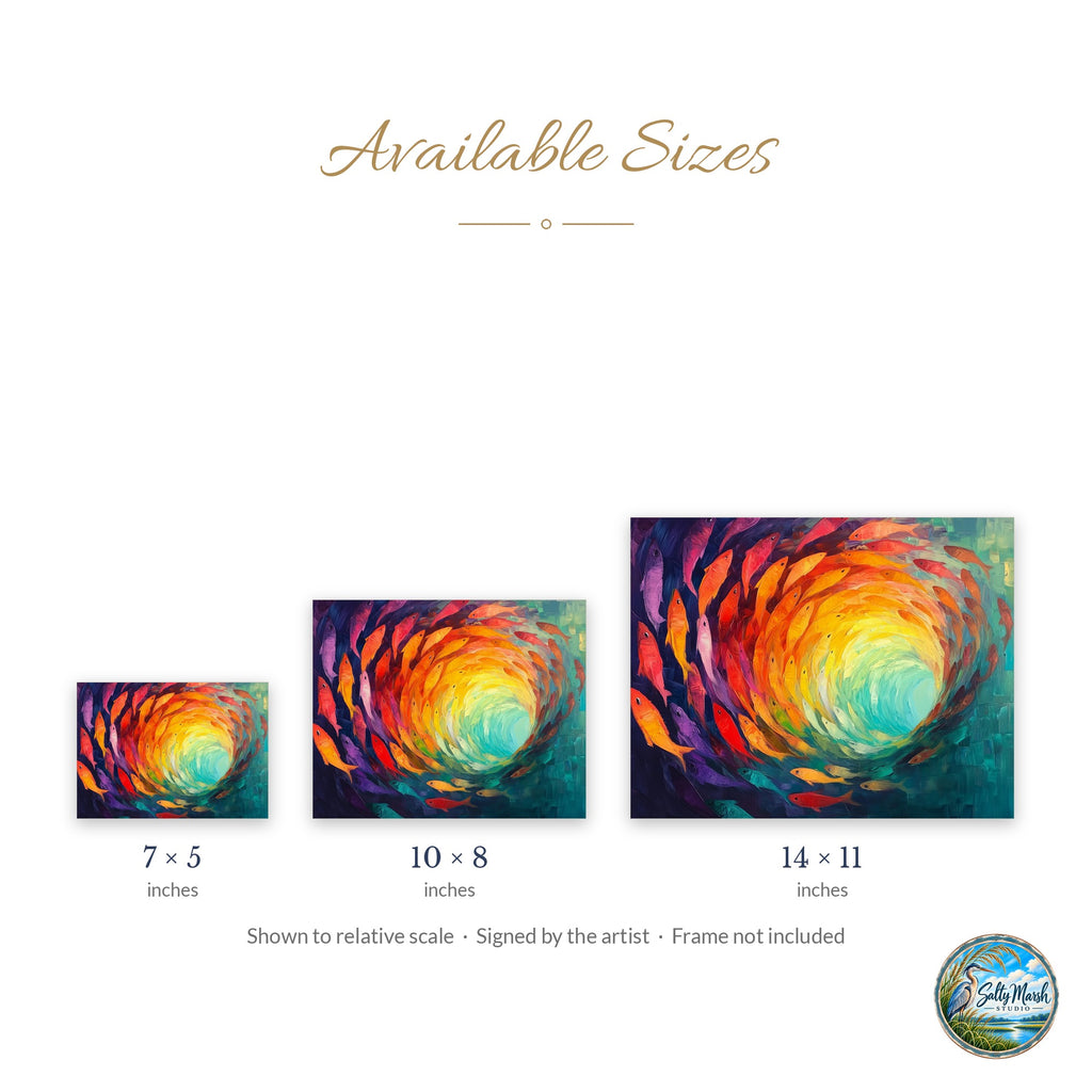 Fish Spiral art print size guide: 5x7, 8x10 and 11x14