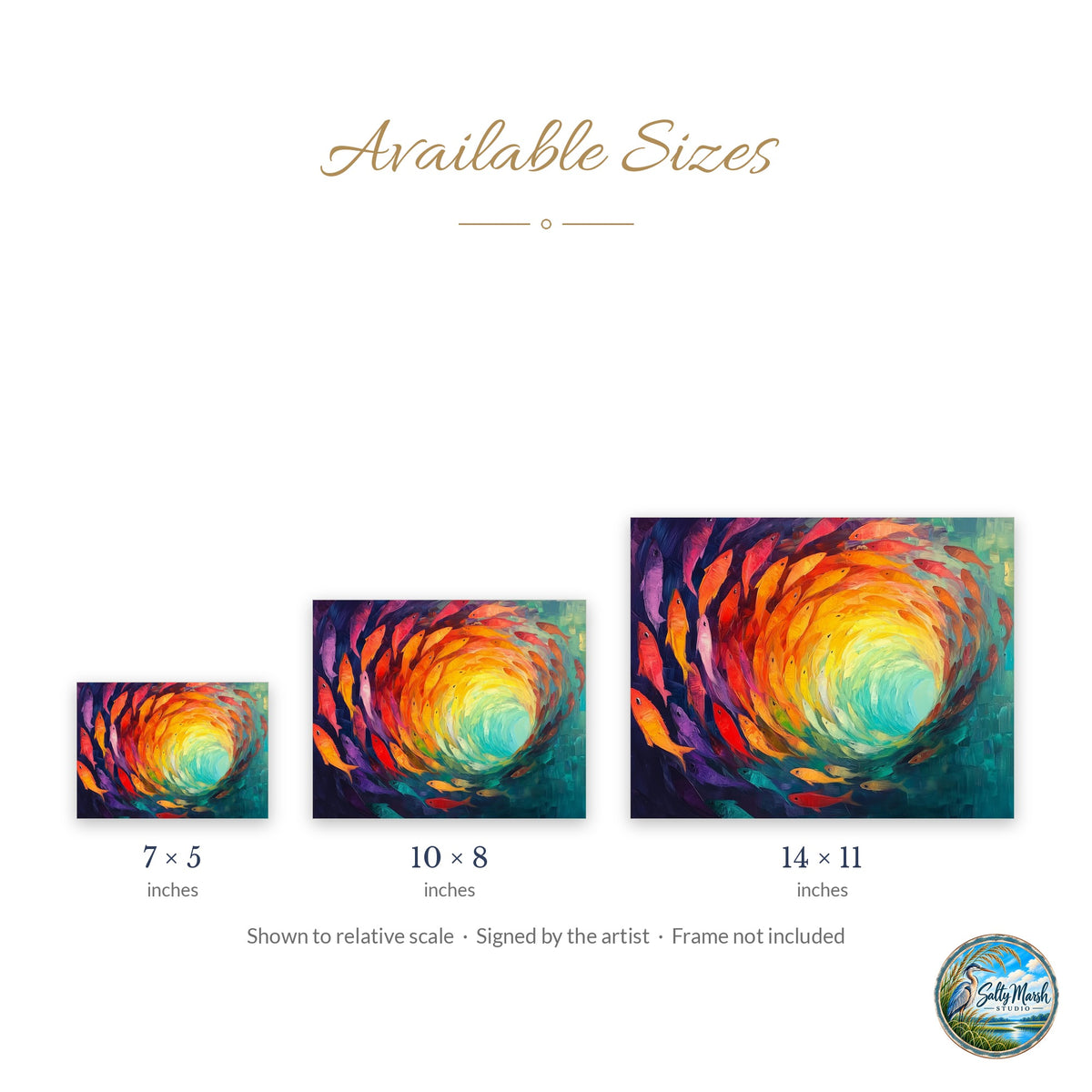 Fish Spiral art print size guide: 5x7, 8x10 and 11x14