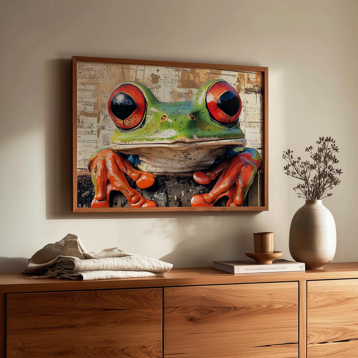Red Eyed Tree Frog animal art print shown in a room setting