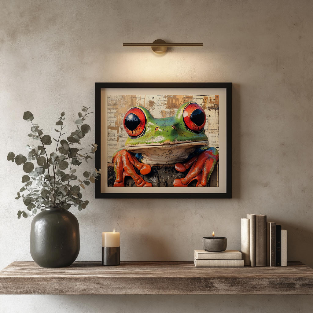 Red Eyed Tree Frog animal art print shown in a room setting