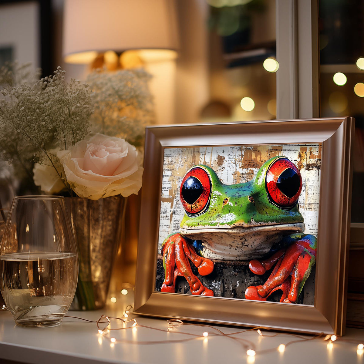 Red Eyed Tree Frog animal art print shown in a room setting