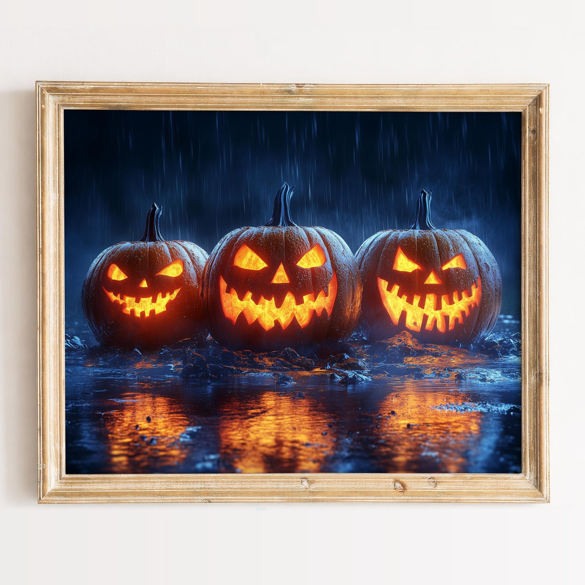 Rainy Jack-o-Lanterns Halloween art print framed