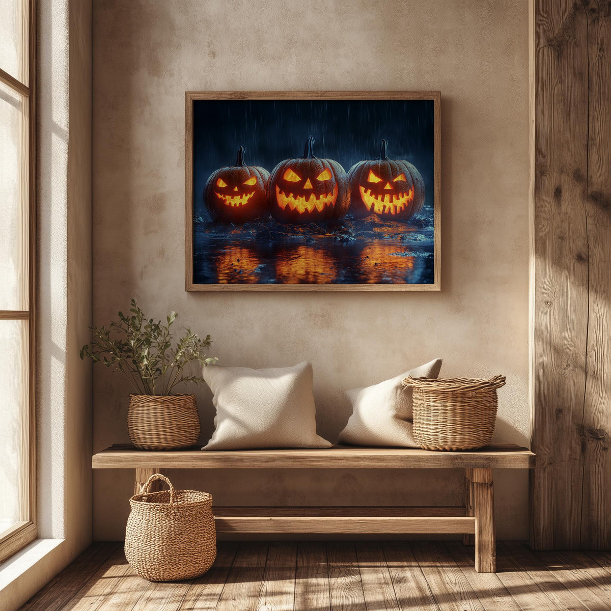Rainy Jack-o-Lanterns Halloween art print shown in a room setting