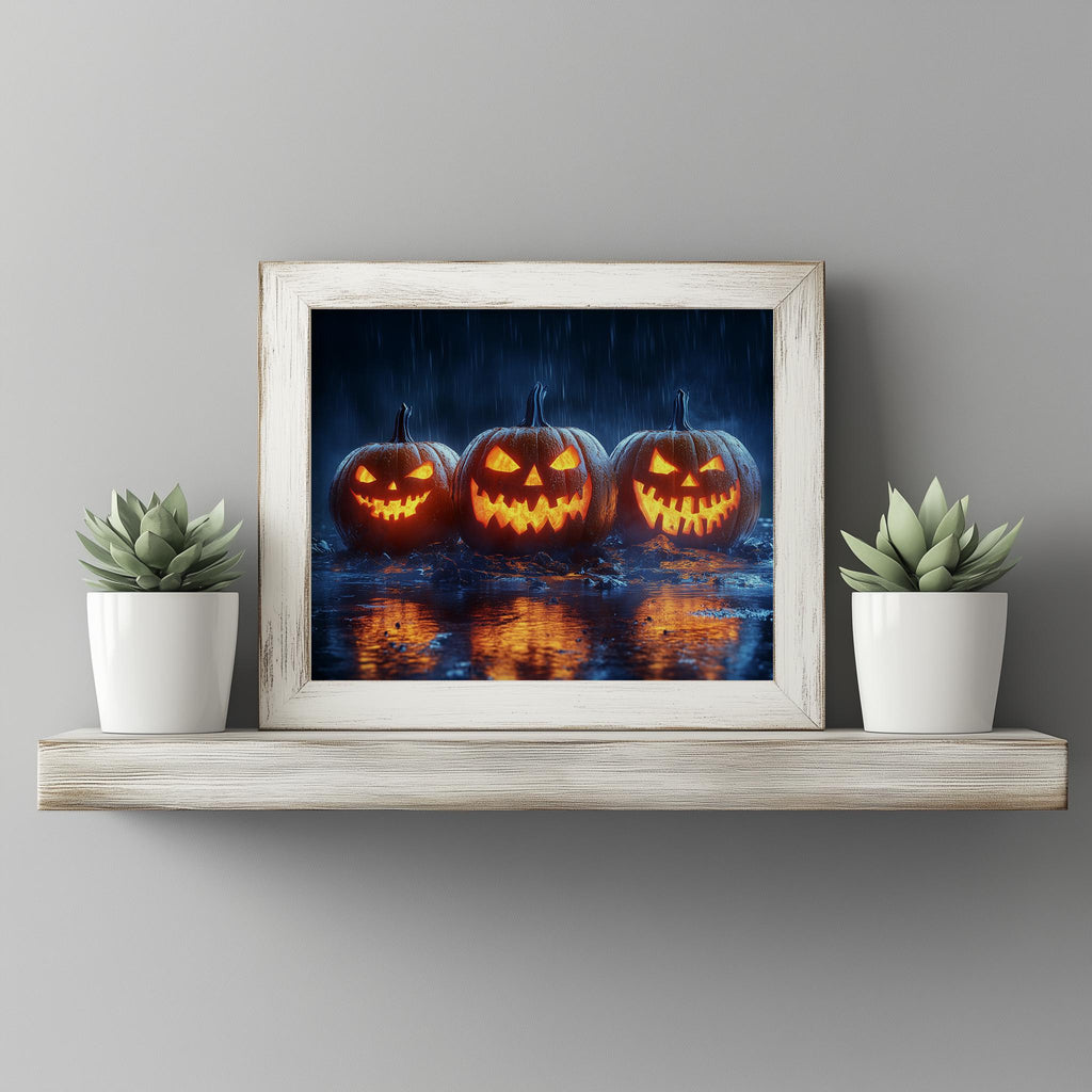 Rainy Jack-o-Lanterns Halloween art print shown in a room setting