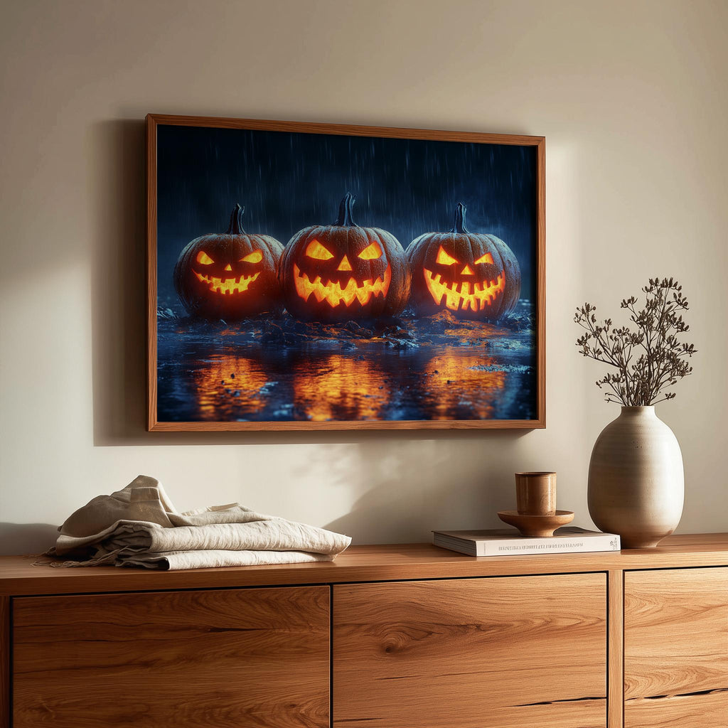 Rainy Jack-o-Lanterns Halloween art print shown in a room setting