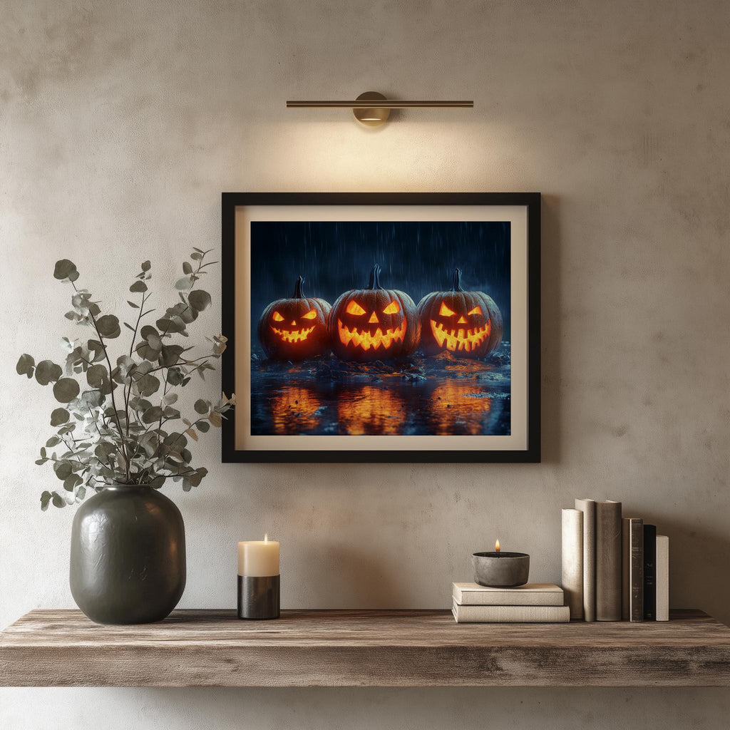 Rainy Jack-o-Lanterns Halloween art print shown in a room setting
